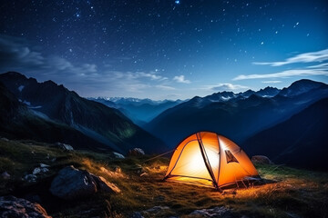 tent in the mountains at night. traveling in the mountains with tents. tourism. generative ai
