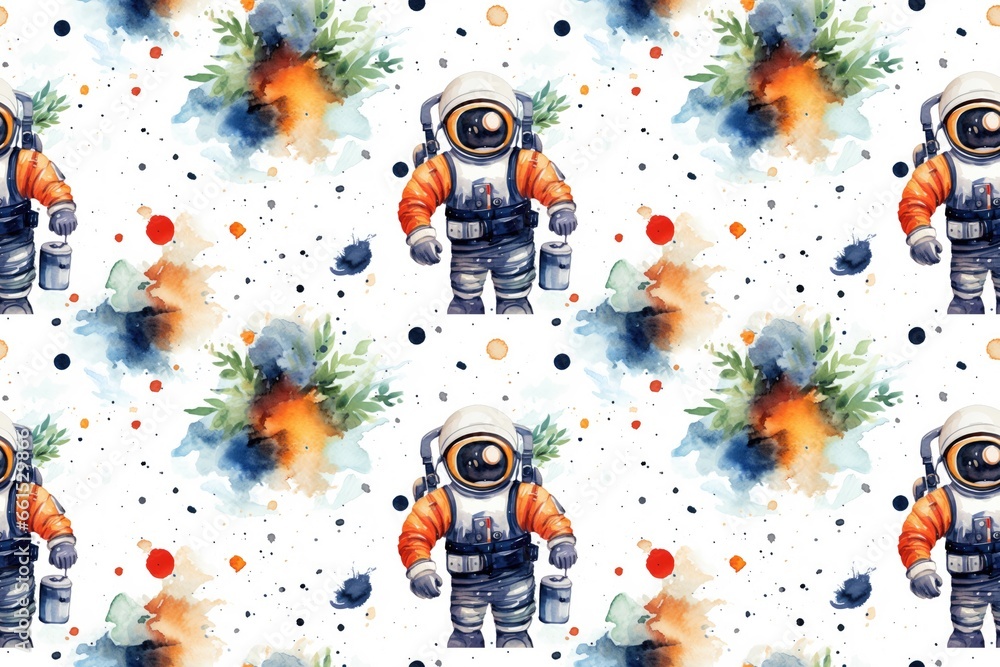 Wall mural seamless pattern of watercolor outer cosmos space with astronaut