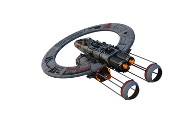 Science fiction fantasy space ship flying away with engine burners glowing. Isolated 3D rendering. © IG Digital Arts