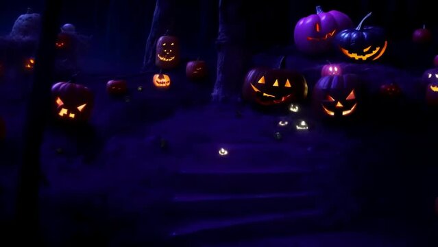 A dark forest with glowing day tree steps,, a Halloween illustrated, animated spooky short film.
