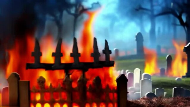 Burning flames, fire graveyard dark forest, a Halloween illustrated, animated spooky short film.