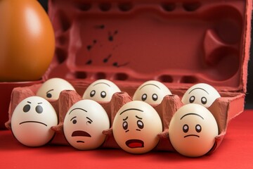 Carton box of eggs: angry faces on white eggs, crying face on brown egg. Red background symbolizes theme of racism and intolerance. Generative AI