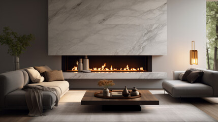 Living Room with a sleek grey sofa and a marble coffee table and a modern fireplace