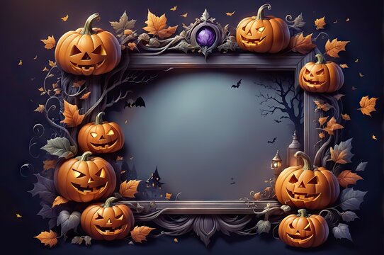 Halloween frames with pumpkins, bats. Collection of Halloween frames. Design element for decoration of a card, poster, text.