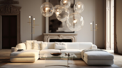 Living Room with a sleek white sofa and a glass dining table and a modern chandelier