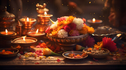 Capture the serenity of Diwali prayers with a highly detailed photograph of offerings placed at a beautifully decorated temple altar. Emphasize the intricate patterns, flowers, and lit diyas.