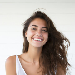 photography of a dark haired model beautiful woman with white background, lifestyle, smiling