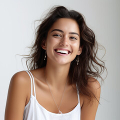 photography of a dark haired model beautiful woman with white background, lifestyle, smiling