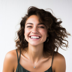 photography of a dark haired model beautiful woman with white background, lifestyle, smiling