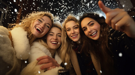 Celebration, friends, bachelorette party, technology and christmas holidays concept - happy women with smartphone taking selfie at night club over snow. - obrazy, fototapety, plakaty
