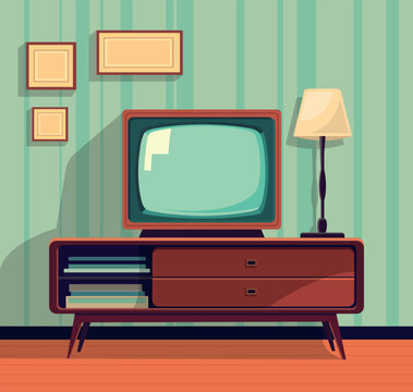 Retro interior with old television illustration. Analogue retro TV. Vector stock