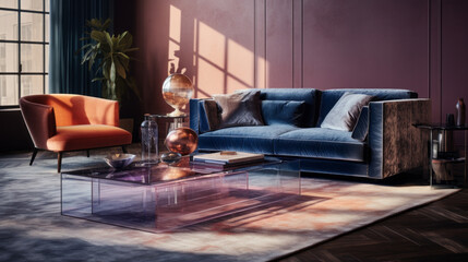 Living Room with a velvet sofa and a glass-top side table and a patterned rug