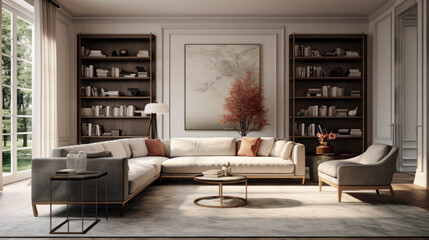 Living room with a velvet sofa and a contemporary rug and a large bookcase