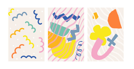 Naive groovy abstract shapes set. Brutal contemporary figure star oval wave patterns. Swiss design aesthetic. Geometric posters in trendy retro brutalist design style