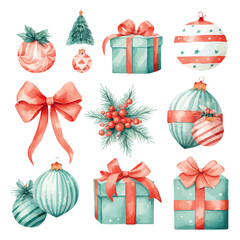 set of Christmas decorative elements pink and green blue watercolor vectors