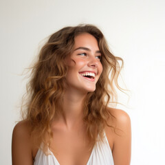 photography of a blonde model beautiful woman with white background, lifestyle, smiling