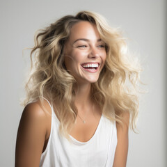 photography of a blonde model beautiful woman with white background, lifestyle, smiling