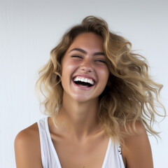 photography of a blonde model beautiful woman with white background, lifestyle, smiling