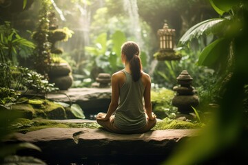 Lotus tranquility: woman's silhouette in meditation against garden's lush and zen backdrop - obrazy, fototapety, plakaty