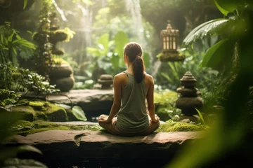 Fototapeten Lotus tranquility: woman's silhouette in meditation against garden's lush and zen backdrop © olga_demina