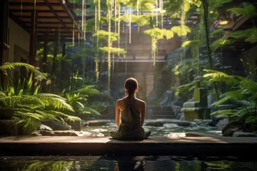 Gordijnen Serene solitude: woman in contemplative pose within green, zen-inspired garden © olga_demina