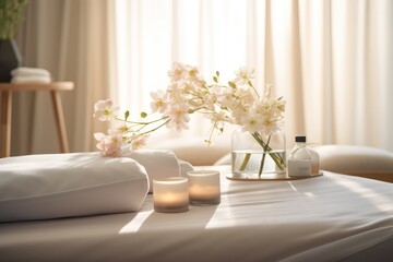 Fototapeta na wymiar Sunlit spa Massage table with fresh blooms, curtains soft light over tranquil settings