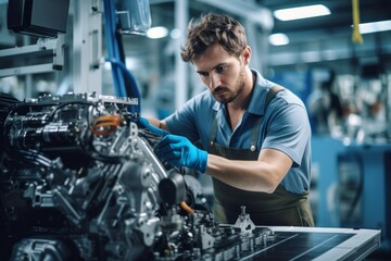 worker in a modern automotive manufacturing setting - obrazy, fototapety, plakaty