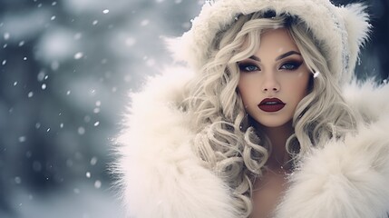 A woman in a stylish fur coat and bold red lipstick, embracing the festive spirit of Christmas