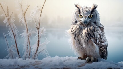 A beautiful gray and white calm owl sits near a foggy lake and frozen flora.