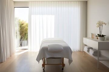 Minimalist spa massage chamber with modern lighting, sheer curtains casting a tranquil ambiance