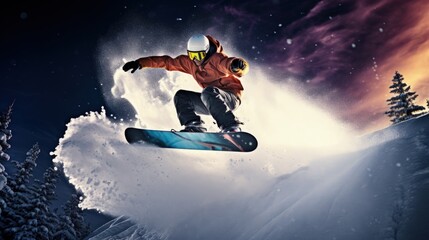 Fototapeta na wymiar A person performing a mid-air trick on a snowboard during a thrilling Christmas snowboarding session