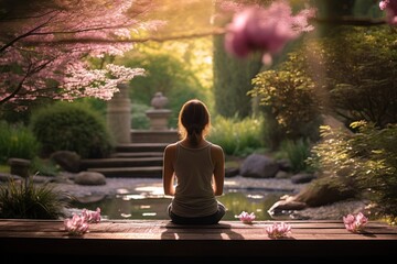 Meditation bloom: a peaceful pose set against vibrant flowers and the garden's verdant embrace - obrazy, fototapety, plakaty