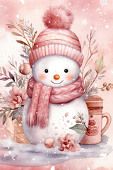 Cute pastel pink snowman watercolor style