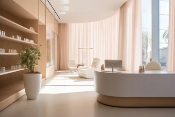 Fototapeten Contemporary spa interior: vacant reception area, sleek counter design, minimalist flair modern © olga_demina