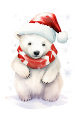 Polar bear wearing a Santa hat isolated on a white background watercolor style