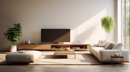 Fototapeta premium Living room with a white leather couch and armchair and a large flat-screen television