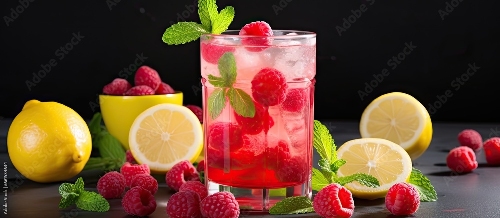 Poster refreshing cold drink with berries and lemon like raspberry lemonade with copyspace for text