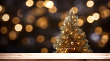 Close-Up of a Light Brown Wooden Table with a Christmas Tree in a Blurry Winter Night Background, Ideal for Product Placement in the Festive Holiday Season
