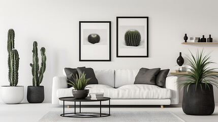 Trendy white living room with modern decoration, simple home decor. Room with black furniture, frame, cactus and some plants