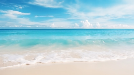 Tropical beach background with sea waves, white sand - summer holiday background. Travel and beach vacation.