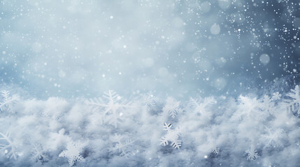 Fototapeta premium Background with Christmas snowy fir tree and Christmas toys, snow. Winter banner concept