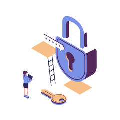 closed lock with key, concept of data protection flat vector isometric illustration