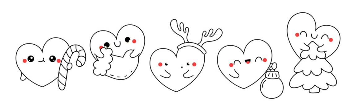 Set of Vector Christmas Heart Coloring Page. Collection of Kawaii New Year Character Outline.