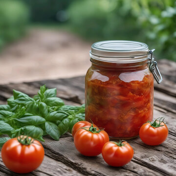 Tarro con tomate en conserva junto a tomates y unas hojas de tomatera en una mesa rustica de madera 