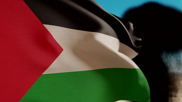 Waving flag of Palestine against desert and black smoke after explosion. Slow motion national Palestine banner.