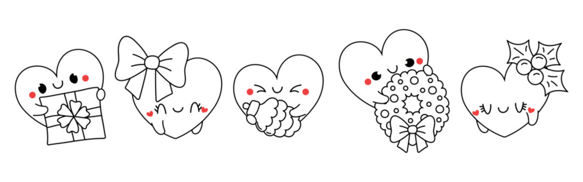 Set of Kawaii Christmas Heart Coloring Page. Collection of Cute Vector Christmas Character Outline