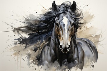 White-maned horse stands proudly against a snowy backdrop, its mane flowing in the wind