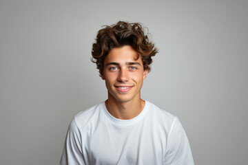 Fototapeta premium Portrait of a young Caucasian brunette man on a white background