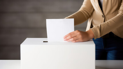 Woman hands drops a blank ballot into the ballot box. Responsible decision, community choice. 