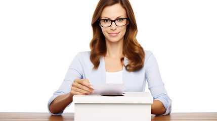 Woman hands drops a blank ballot into the ballot box. Responsible decision, community choice. 